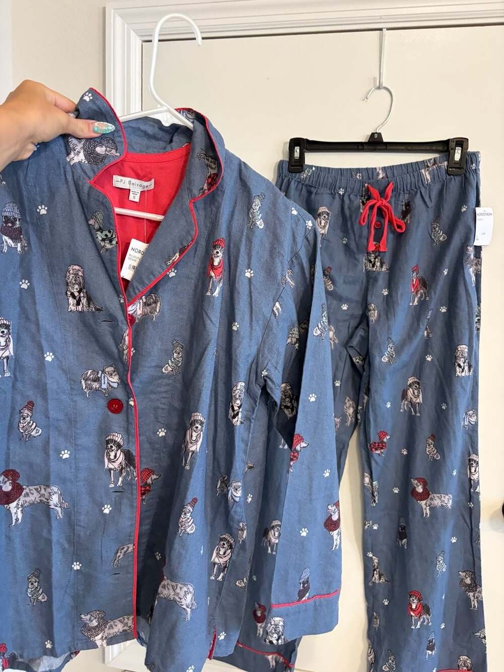 NWT PJ Salvage Blue Beanie Dogs Flannel Pajama/Lounge Set Small